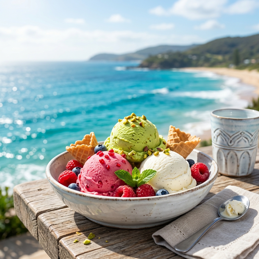 Elegante copa de helado artesanal con barquillos y frutos rojos en Restaurante Alatantida